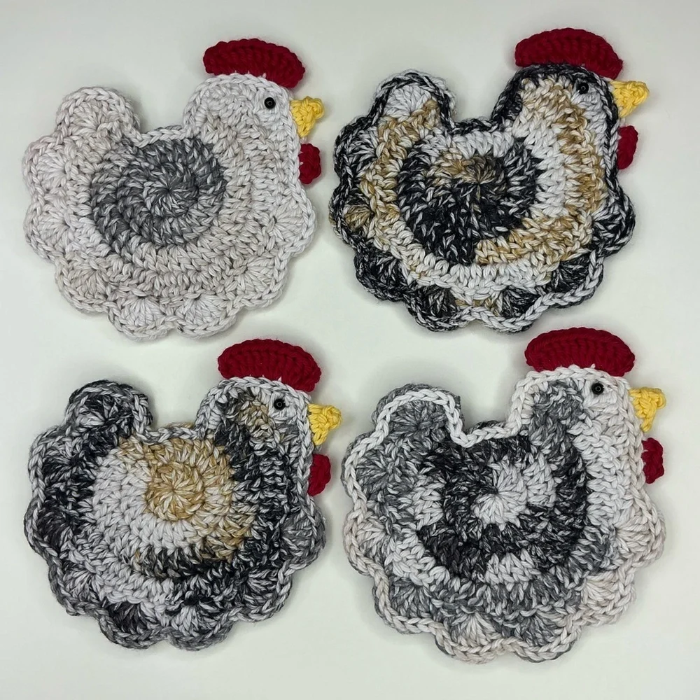 Chicken Cup Mug Coasters Set of‎ 4 Handcrafted Crochet by Seller Cotton